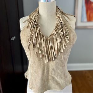 Vintage 90s Y2K Wilsons Leather suede Halter Top with Fringe Sz large Cropped